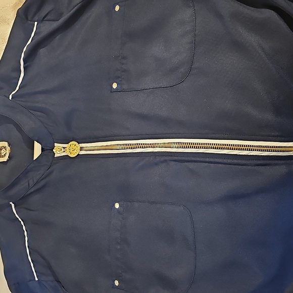 Anne Klein Navy Blue Blouse with White Trim gold Zipper Tabbed Sleeves Large - Picture 10 of 15